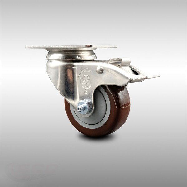 3 Inch 316SS Maroon Polyurethane Swivel Top Plate Caster with Total Lock Brake